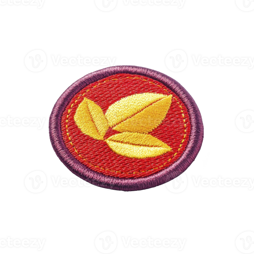 Round embroidered patch features vibrant design with yellow leaves on red background, bordered by purple edge. patch conveys sense of nature and creativity png