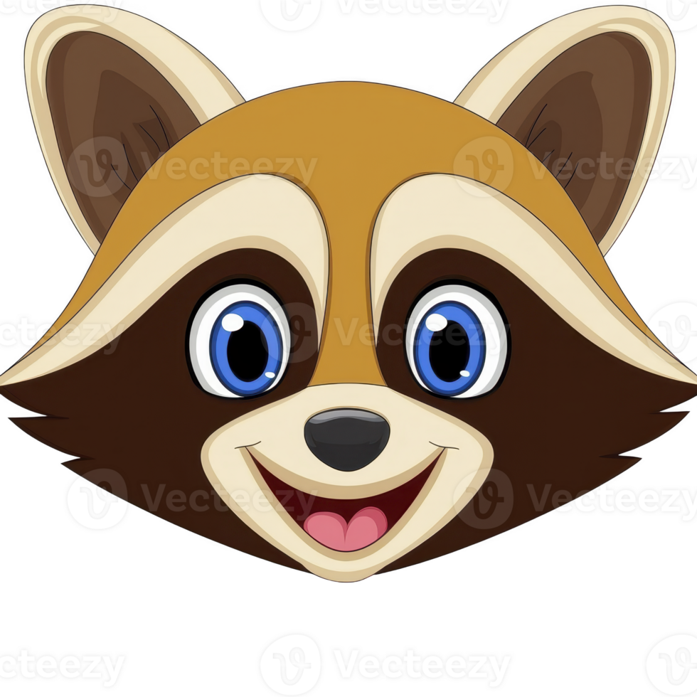 Cute cartoon raccoon face with big blue eyes and happy expression, featuring brown and cream fur. illustration is simple and playful, perfect for children content or fun designs png
