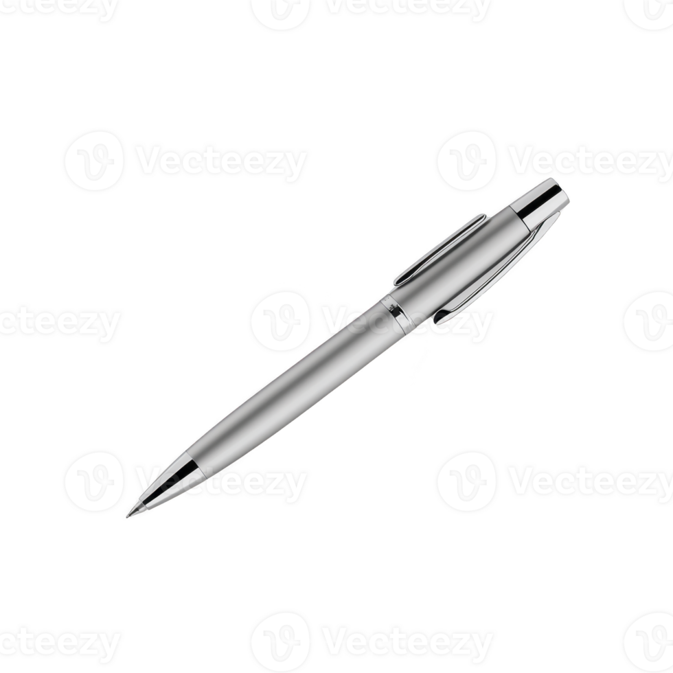Sleek silver ballpoint pen with shiny metallic finish, featuring retractable mechanism and sturdy clip for easy attachment. Ideal for professional and everyday use png