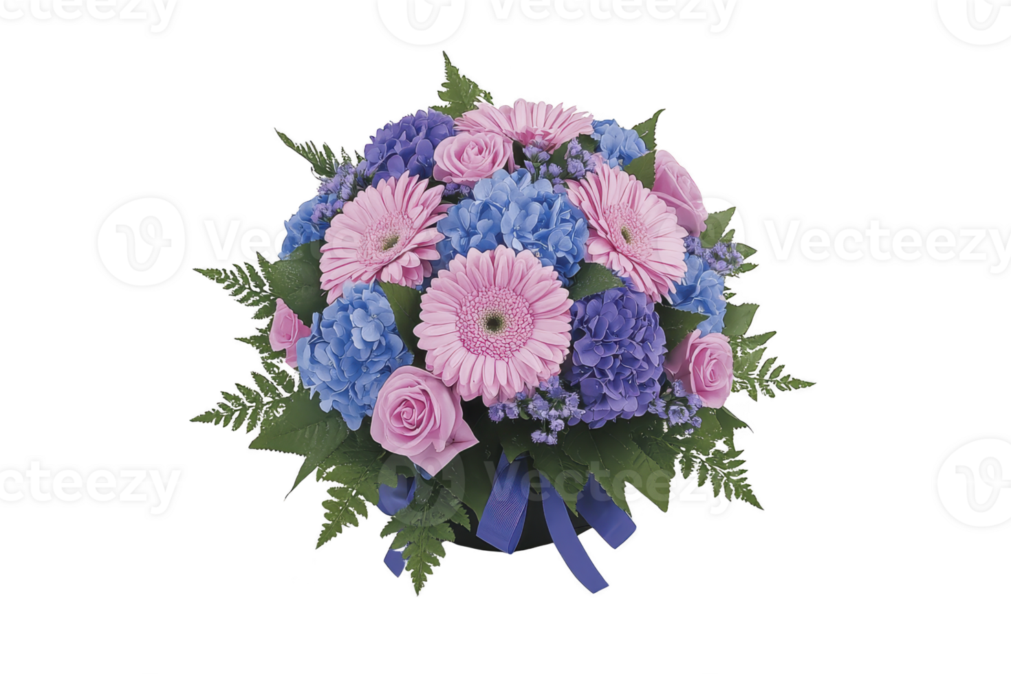 Vibrant bouquet featuring pink roses, gerbera daisies, and blue hydrangeas, accented with lush green leaves and decorative blue ribbon, creating cheerful floral arrangement png