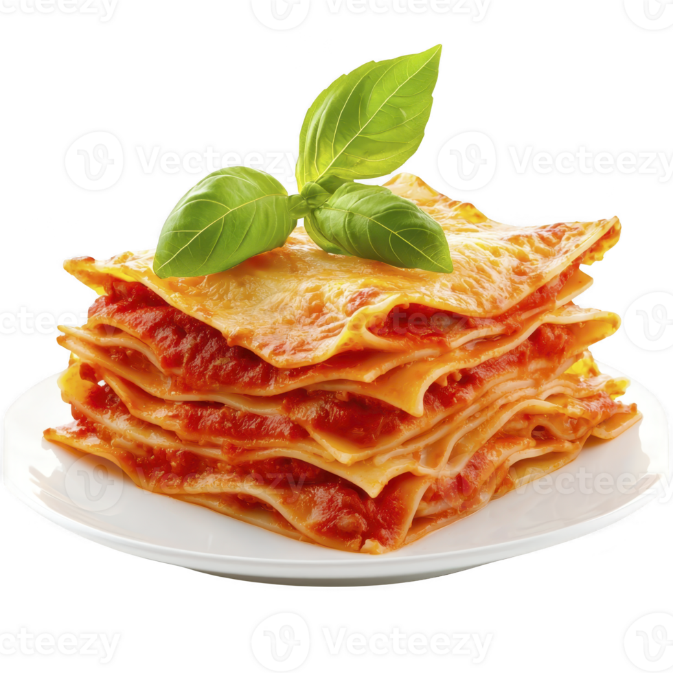 Delicious slice of lasagna with layers of pasta, rich tomato sauce, and melted cheese, garnished with fresh basil leaves on white plate png