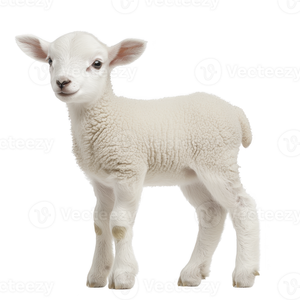 Cute, fluffy lamb stands on transparency background, showcasing its soft wool and innocent expression. young sheep appears curious and gentle, embodying essence of springtime png