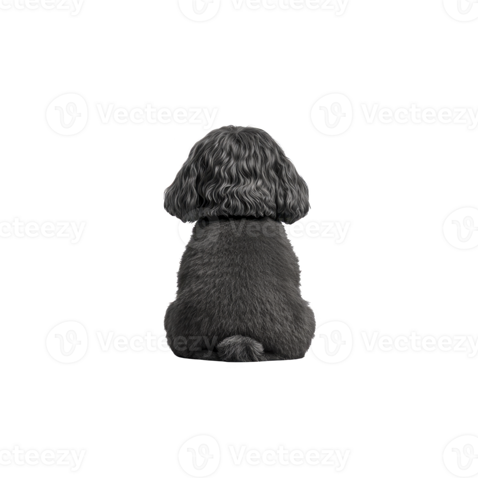 Fluffy black dog with curly fur sits facing away, showcasing its back and tail. texture of fur is detailed, giving sense of softness and warmth. image captures peaceful and calm moment png