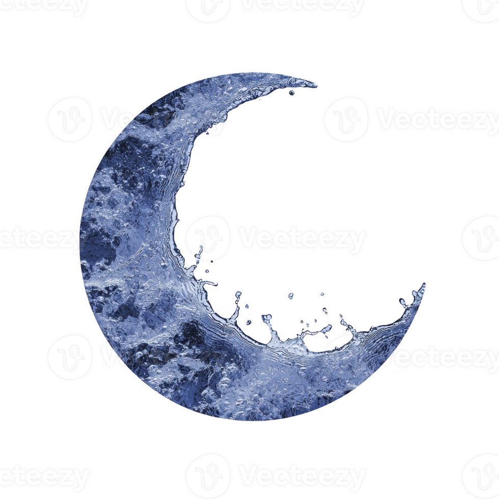 Crescent moon with textured, water like surface appears against transparency background, evoking sense of mystery and tranquility png