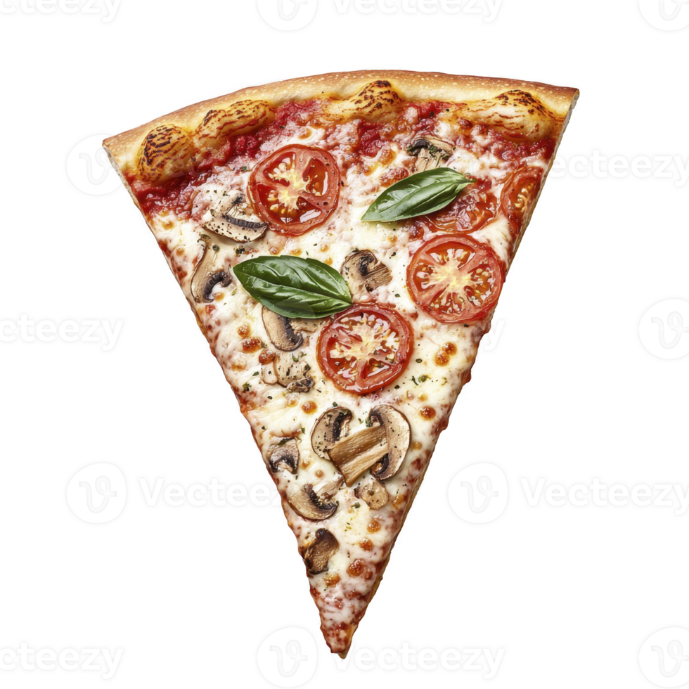 Delicious slice of pizza topped with fresh tomatoes, mushrooms, and basil on crispy crust. vibrant colors and appetizing ingredients make it irresistible png
