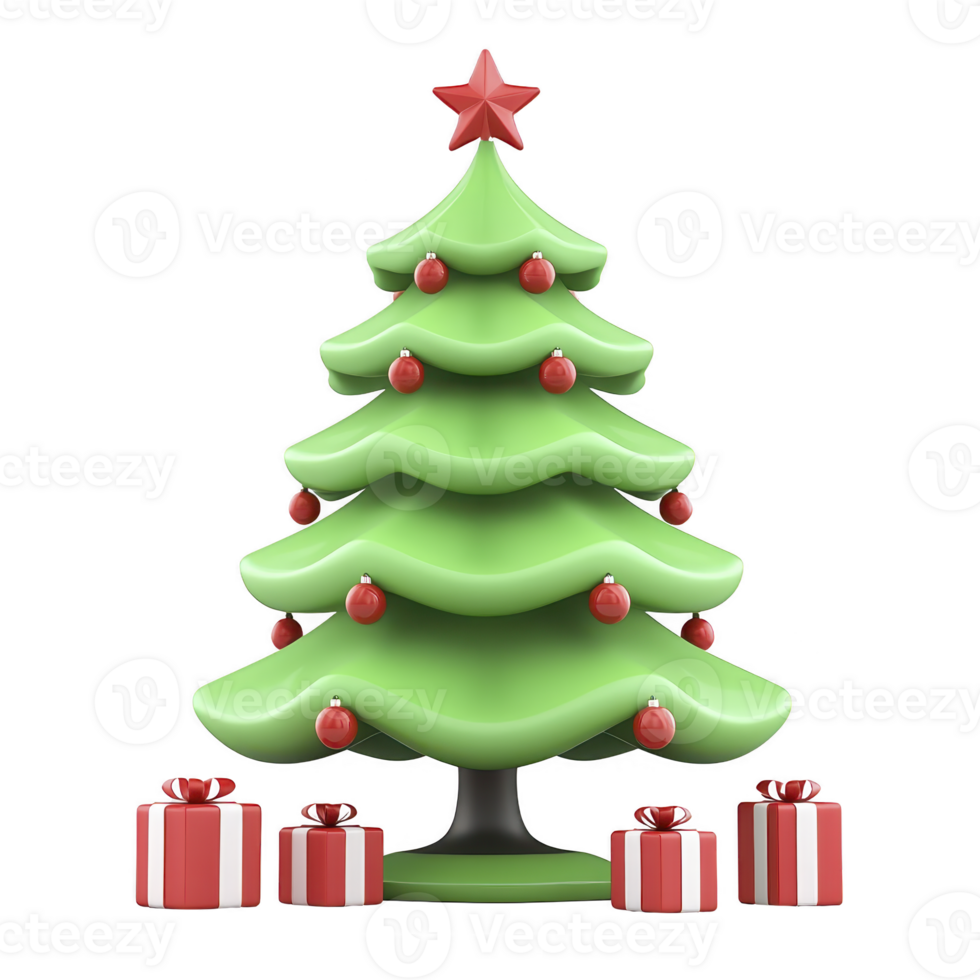 Festive Christmas tree adorned with red baubles and topped with star stands surrounded by wrapped gifts, evoking holiday cheer png