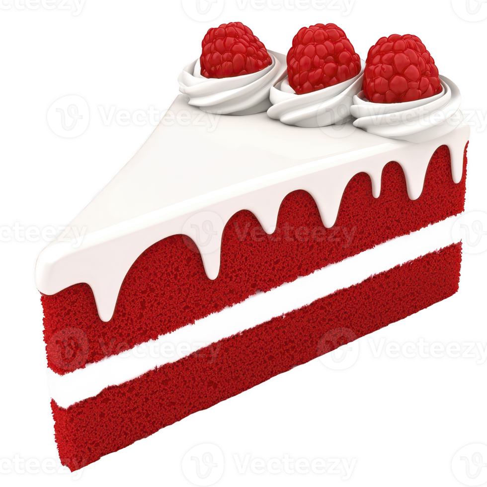 Slice of red velvet cake with white frosting and topped with fresh raspberries, creating delicious and visually appealing dessert png