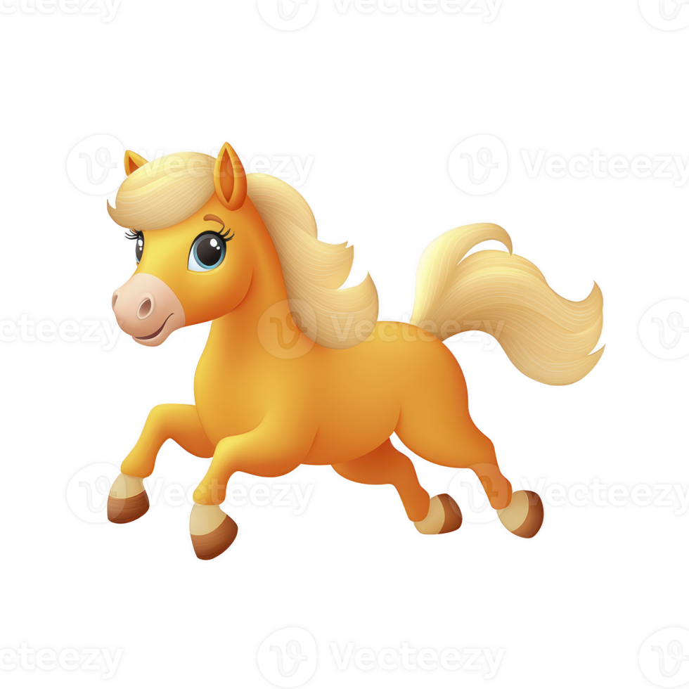 Cute cartoon pony with flowing mane and tail is joyfully galloping. pony bright eyes and cheerful expression add to its playful charm png