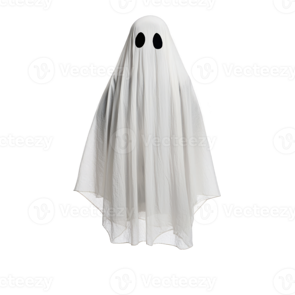 Person dressed as ghost with white sheet and black eye holes stands against plain background, creating classic and playful Halloween costume png