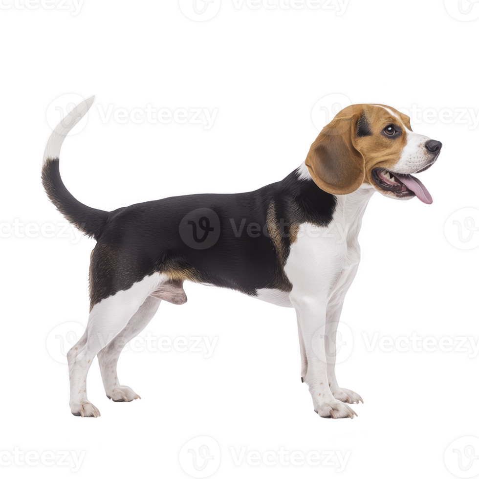 Happy beagle dog stands with its tongue out, showcasing its tricolor coat of black, white, and brown. dog appears alert and energetic, with its tail raised and ears perked png