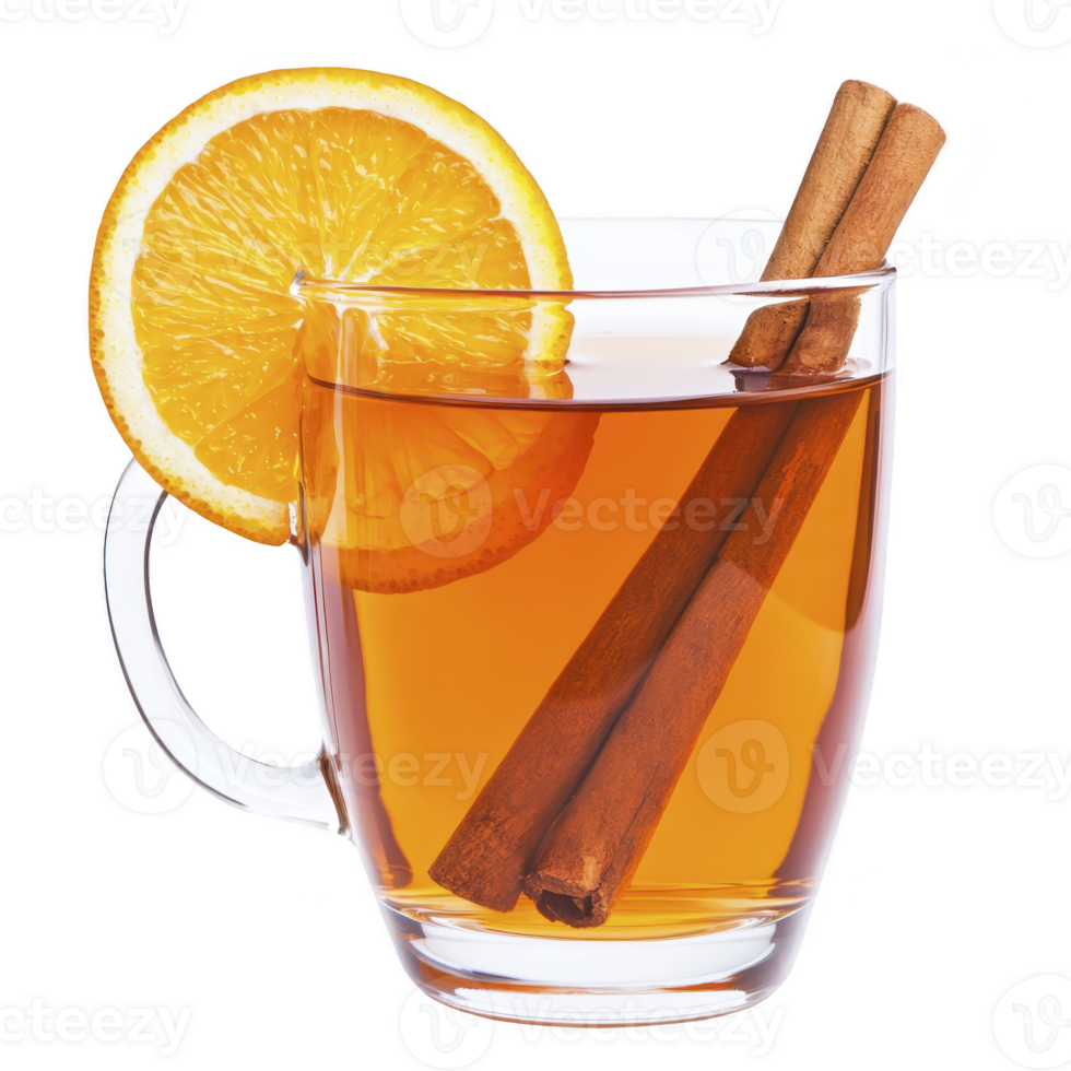 Warm glass of spiced tea with slice of orange and cinnamon sticks creates cozy and inviting atmosphere. clear glass showcases rich amber color of tea png