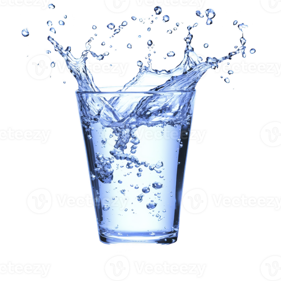 Splash of water erupts energetically from clear glass, capturing motion and freshness. transparent liquid and bubbles create dynamic and refreshing scene png
