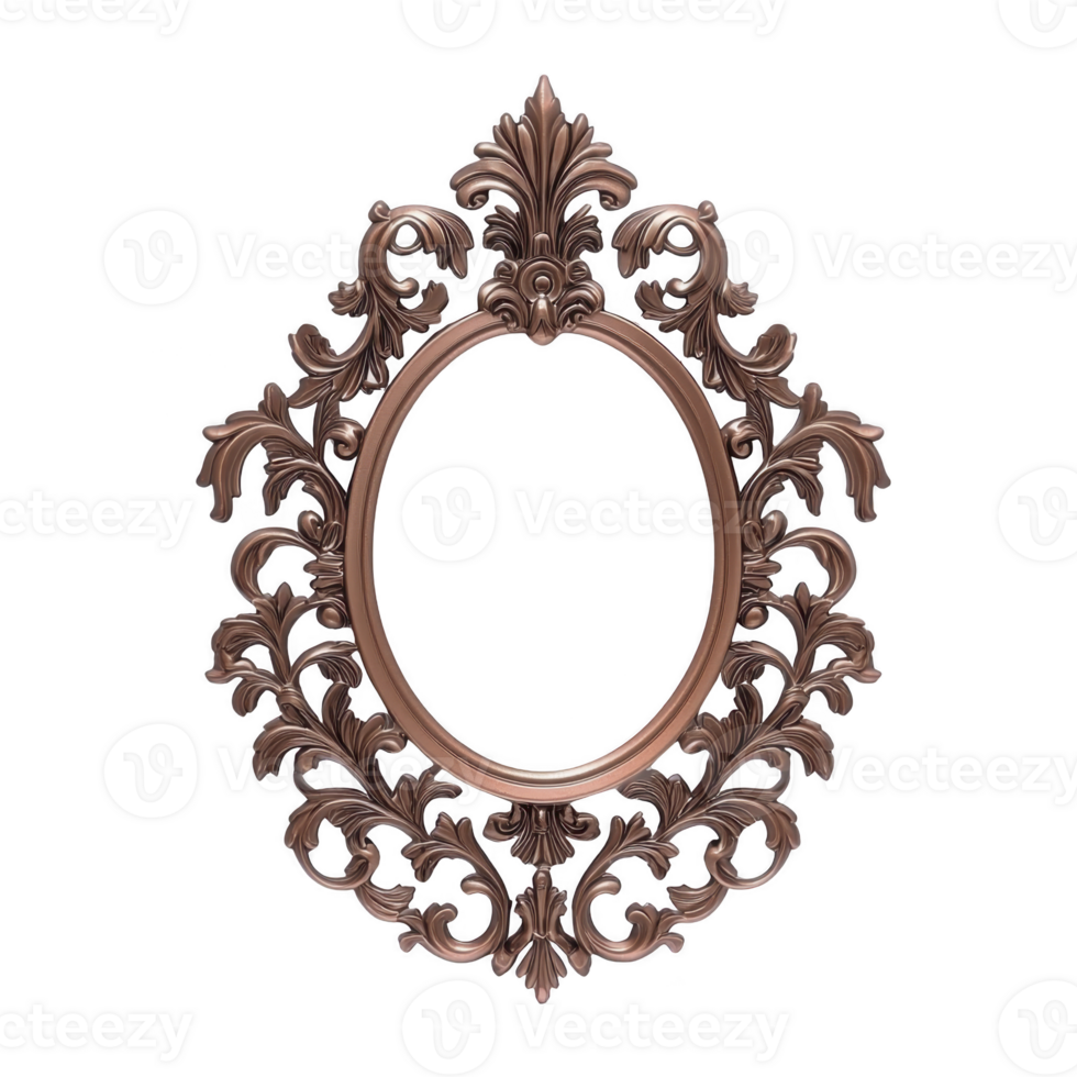 Ornate, vintage style oval frame with intricate floral and leaf patterns, featuring bronze finish. elegant design evokes sense of classic sophistication and timeless beauty png