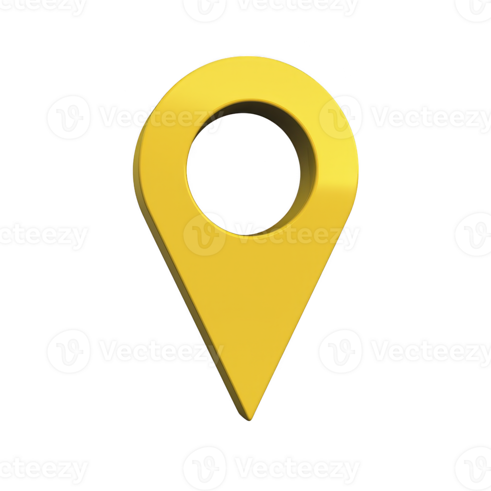 Yellow 3D map pin icon with circular hole in center, symbolizing location or navigation, isolated on transparency background png