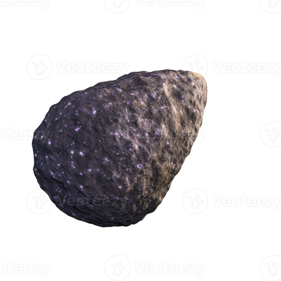 Textured, irregularly shaped asteroid with rocky surface and speckled with bright, star like spots, floating in space. celestial body appears to be illuminated, showcasing its rugged terrain png