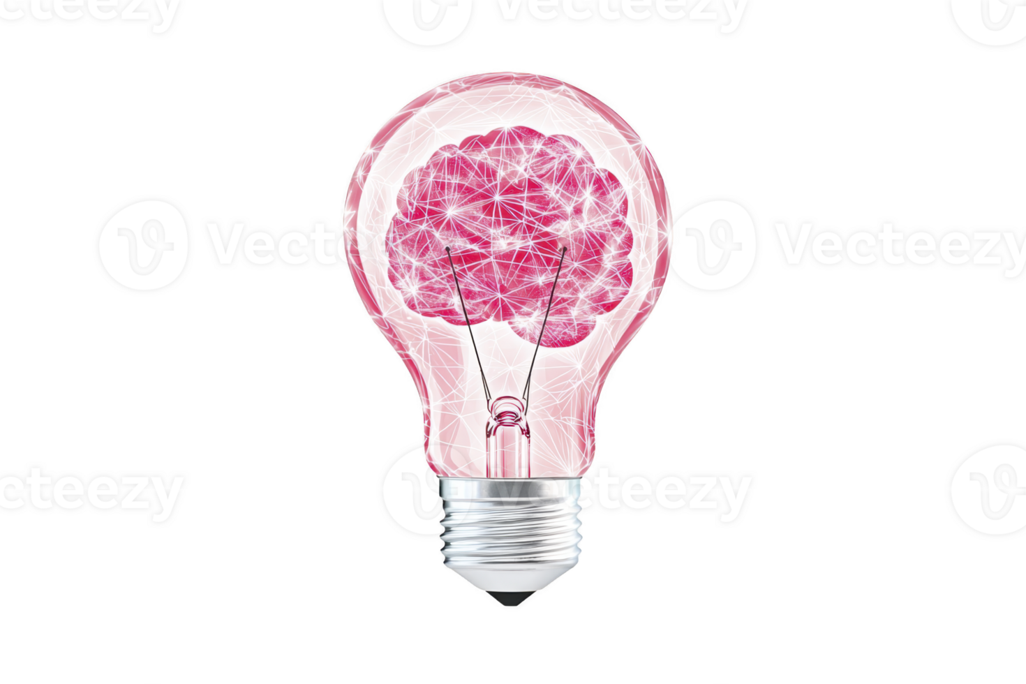 Light bulb with pink brain inside symbolizes creativity and innovation, blending concepts of intelligence and bright ideas. transparent bulb showcases intricate neural connections, representing png