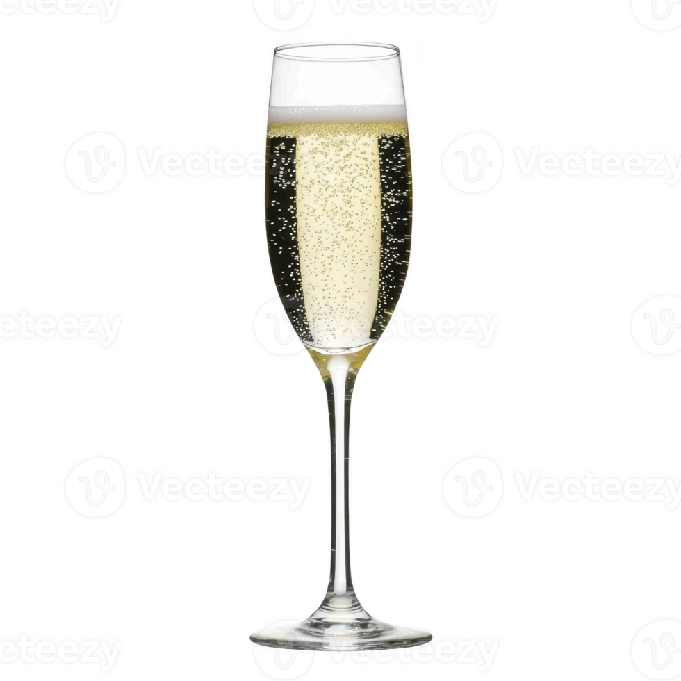 Tall, elegant champagne flute filled with sparkling champagne, showcasing bubbles rising to surface, perfect for celebrations and special occasions png