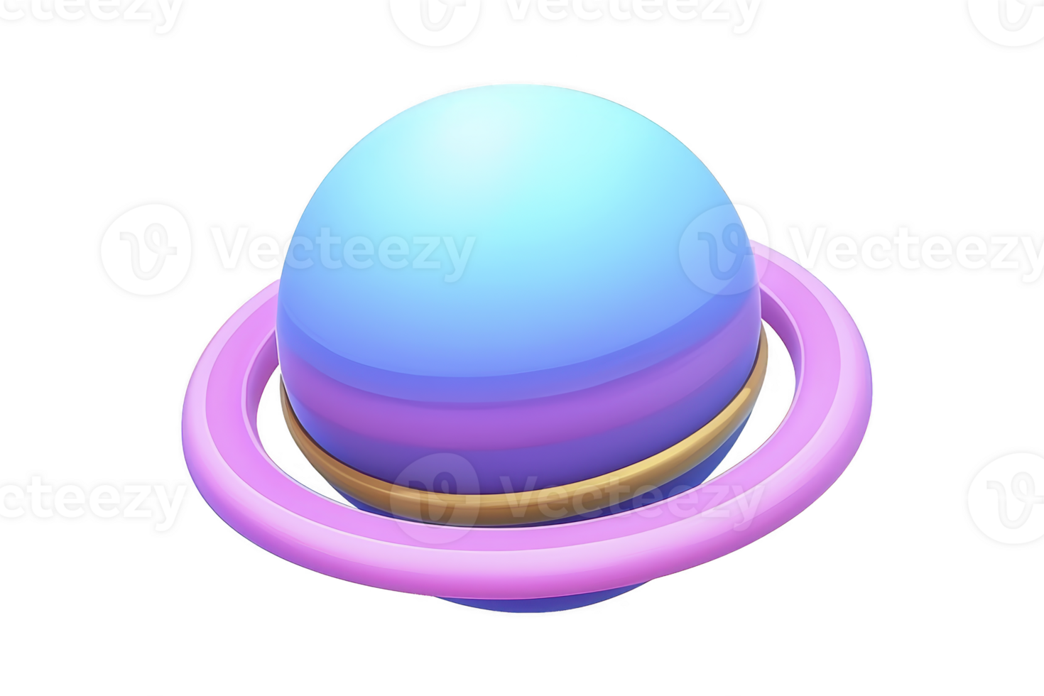 3D illustration of stylized planet with vibrant blue and purple hues, featuring pink and gold ring encircling it, set against transparent background png