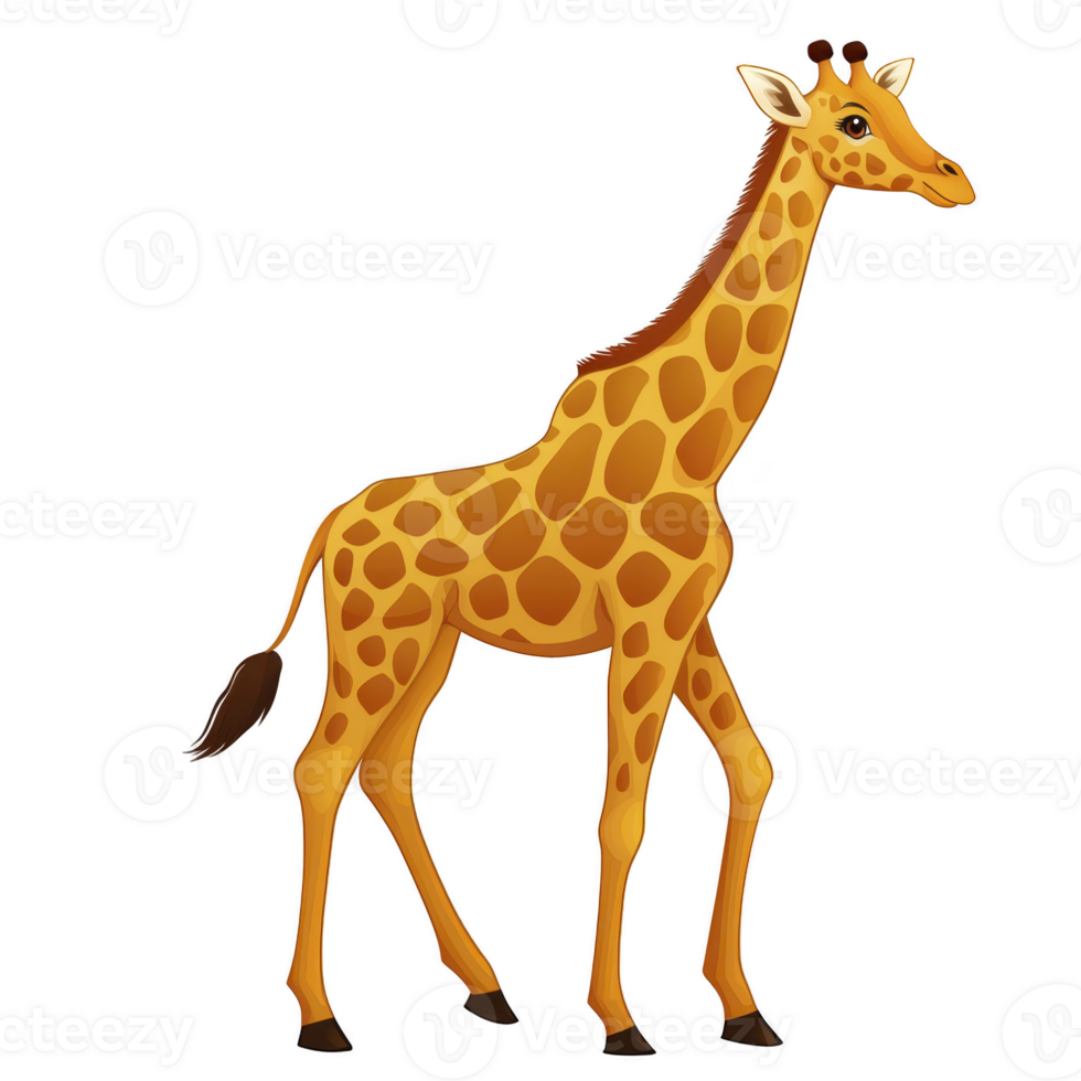 Cute cartoon giraffe with long neck and distinctive spots stands gracefully on transparent background, showcasing its tall stature and friendly expression png