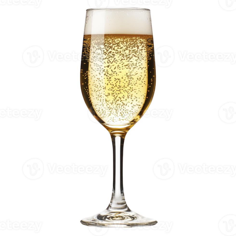 Tall, elegant champagne flute filled with sparkling golden champagne, showcasing lively effervescence and topped with frothy head, perfect for celebrations png