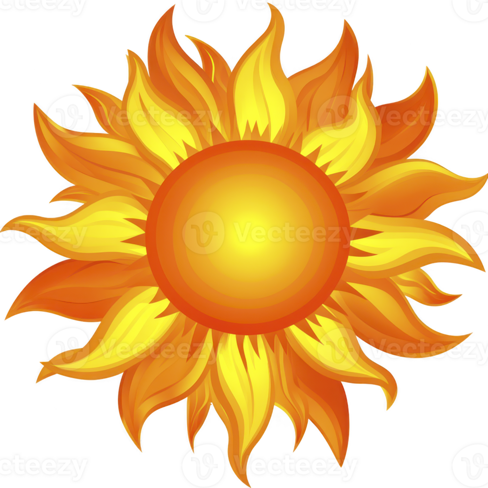 Vibrant illustration of sun with fiery orange and yellow rays radiating outward, symbolizing warmth and energy. design is stylized with glowing center, evoking sense of brightness and positivity png