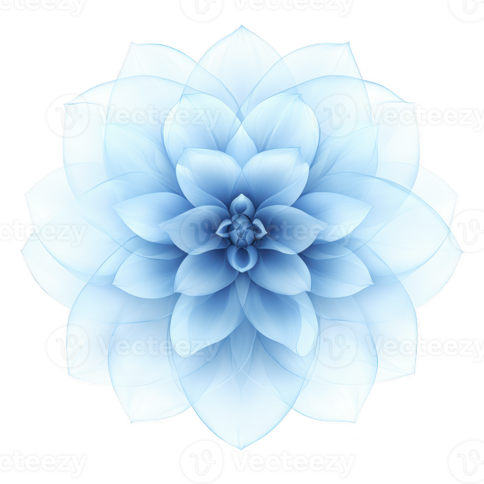 Delicate, symmetrical blue flower with layered petals creates calming and serene visual effect, resembling mandala. intricate design and soft hues evoke sense of tranquility png