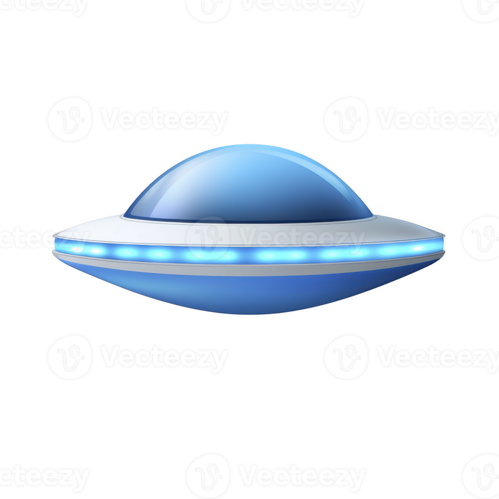 Shiny blue and white UFO with glowing lights hovers against transparent background, evoking sense of mystery and futuristic technology png