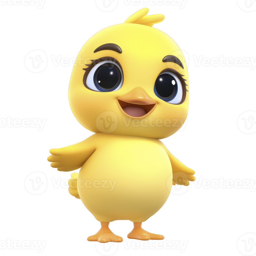 Cute, animated yellow chick with big eyes and cheerful expression stands with open wings, conveying sense of joy and friendliness png