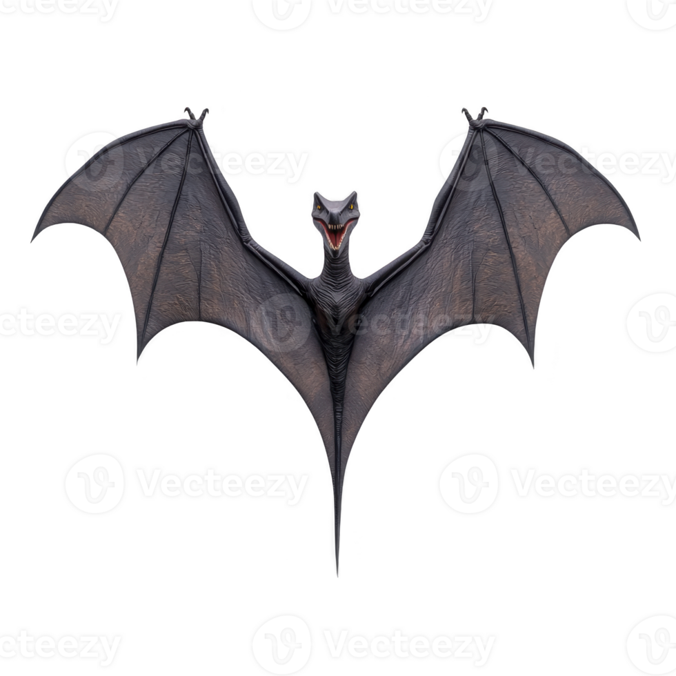 Menacing bat with outstretched wings and fierce expression, showcasing its sharp features and dark, leathery texture. bat wingspan and detailed anatomy are highlighted against plain background png