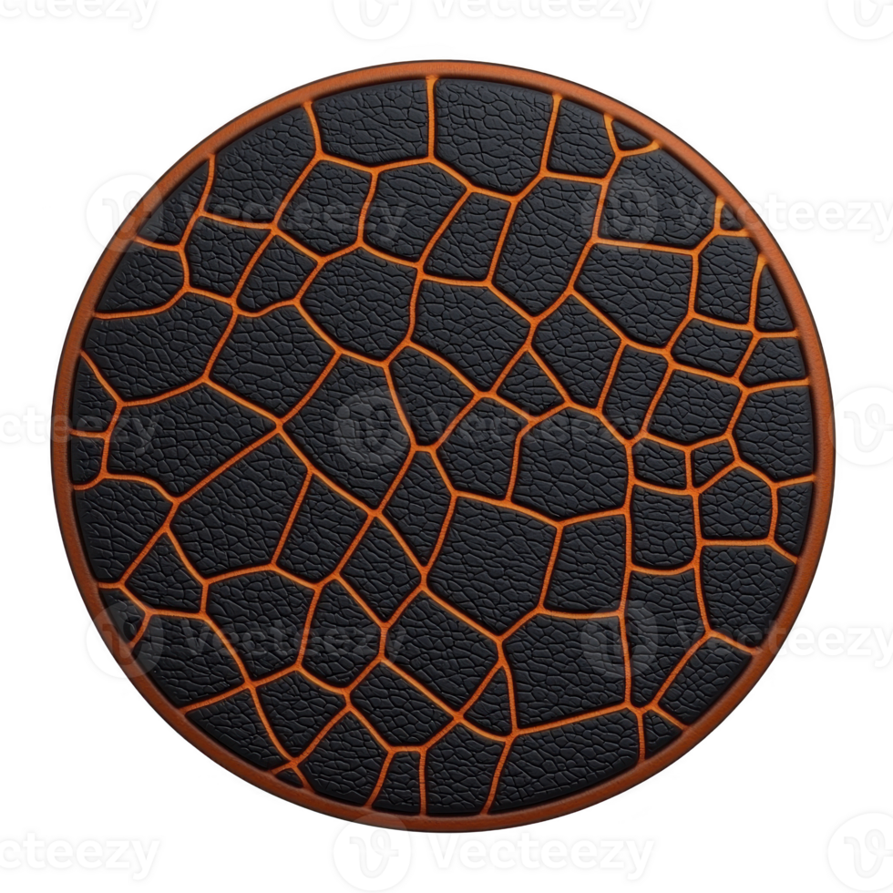 Round, textured object with cracked pattern resembling dry earth, featuring dark and orange tones, creating striking visual contrast png