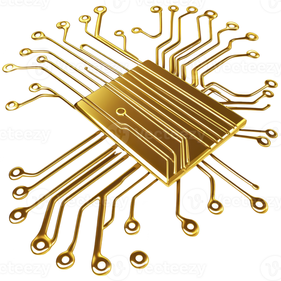 Golden microchip with intricate circuit lines extending outward symbolizes advanced technology and innovation. shiny metallic finish adds futuristic and sophisticated touch png