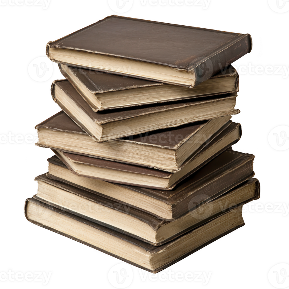 Stack of vintage books with worn covers and yellowed pages, evoking sense of nostalgia and history. books are piled haphazardly, suggesting frequent use and cherished stories png