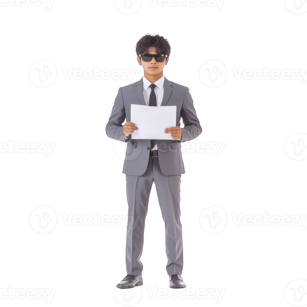 Man in gray suit and sunglasses stands confidently holding blank sheet of paper, isolated on transparency background. formal attire and serious expression suggest professionalism png