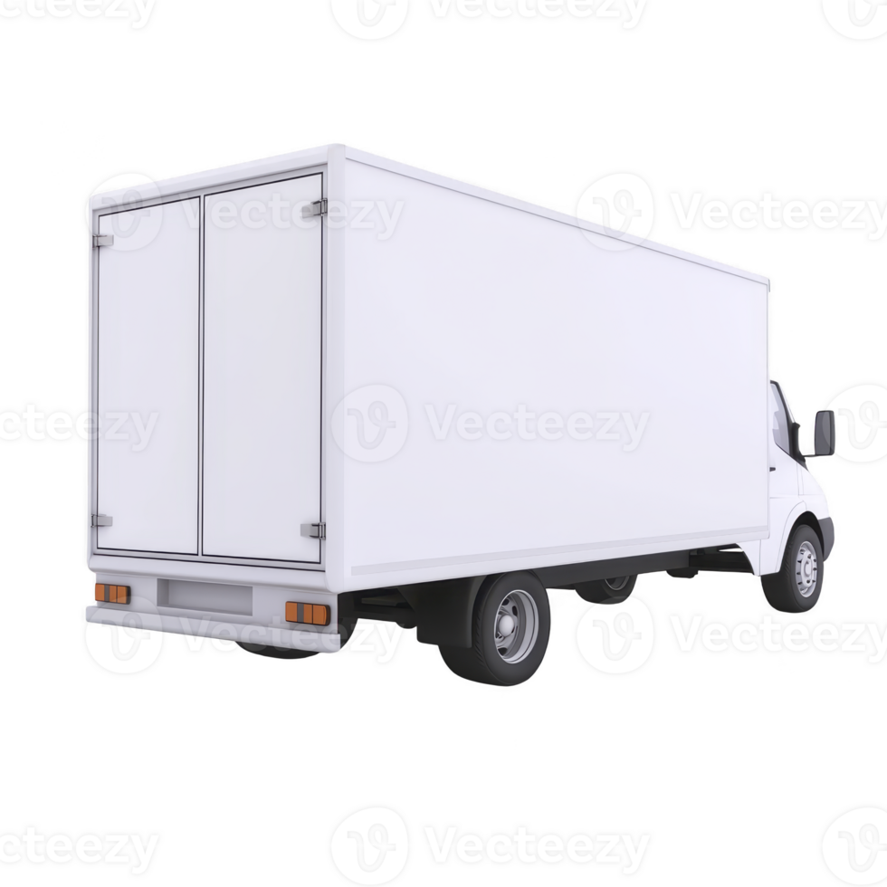 White delivery truck is shown from rear, highlighting its large cargo area and closed doors. vehicle is positioned on plain background, emphasizing its clean and simple design png