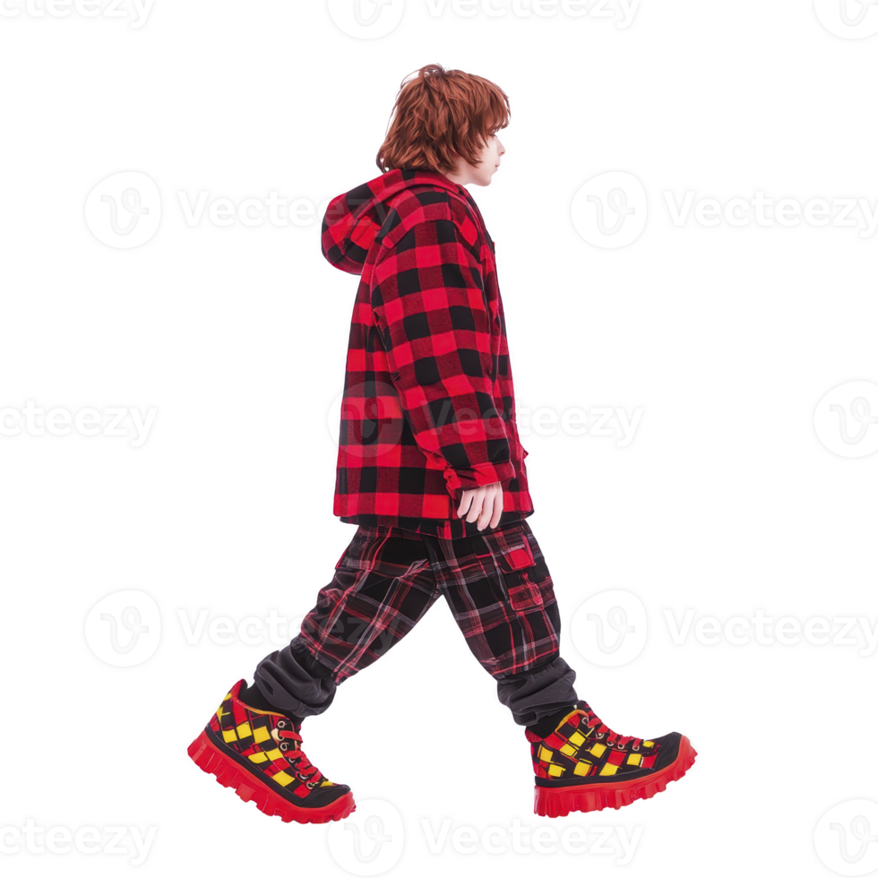 Person wearing red and black checkered jacket and matching pants walks confidently in colorful boots. outfit is bold and stylish, showcasing unique fashion sense png
