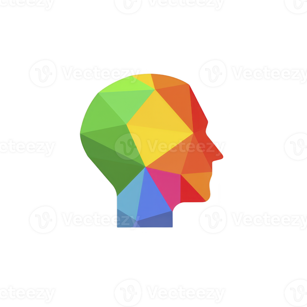 Colorful geometric head silhouette composed of various polygonal shapes in vibrant hues, symbolizing creativity and diversity. abstract design evokes sense of innovation and modernity png