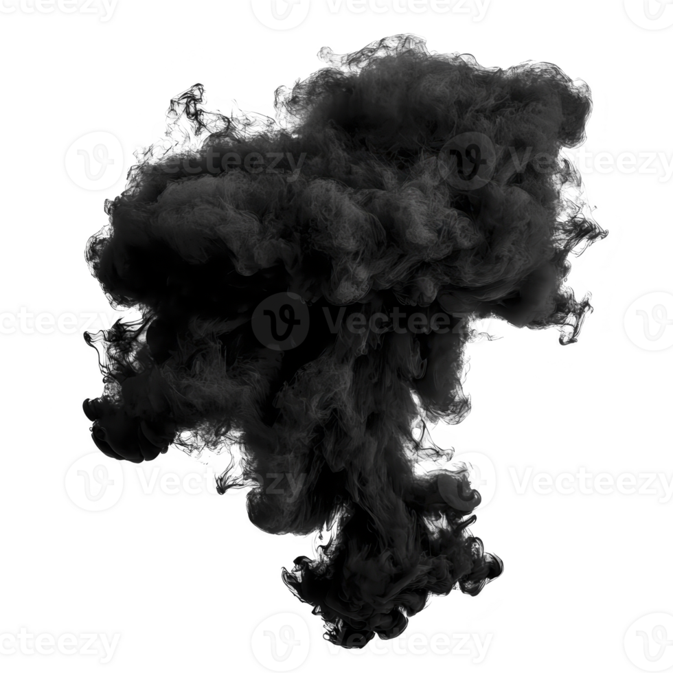 Dark, billowing cloud of smoke with textured appearance, resembling dramatic explosion or fire effect, isolated on transparent background png
