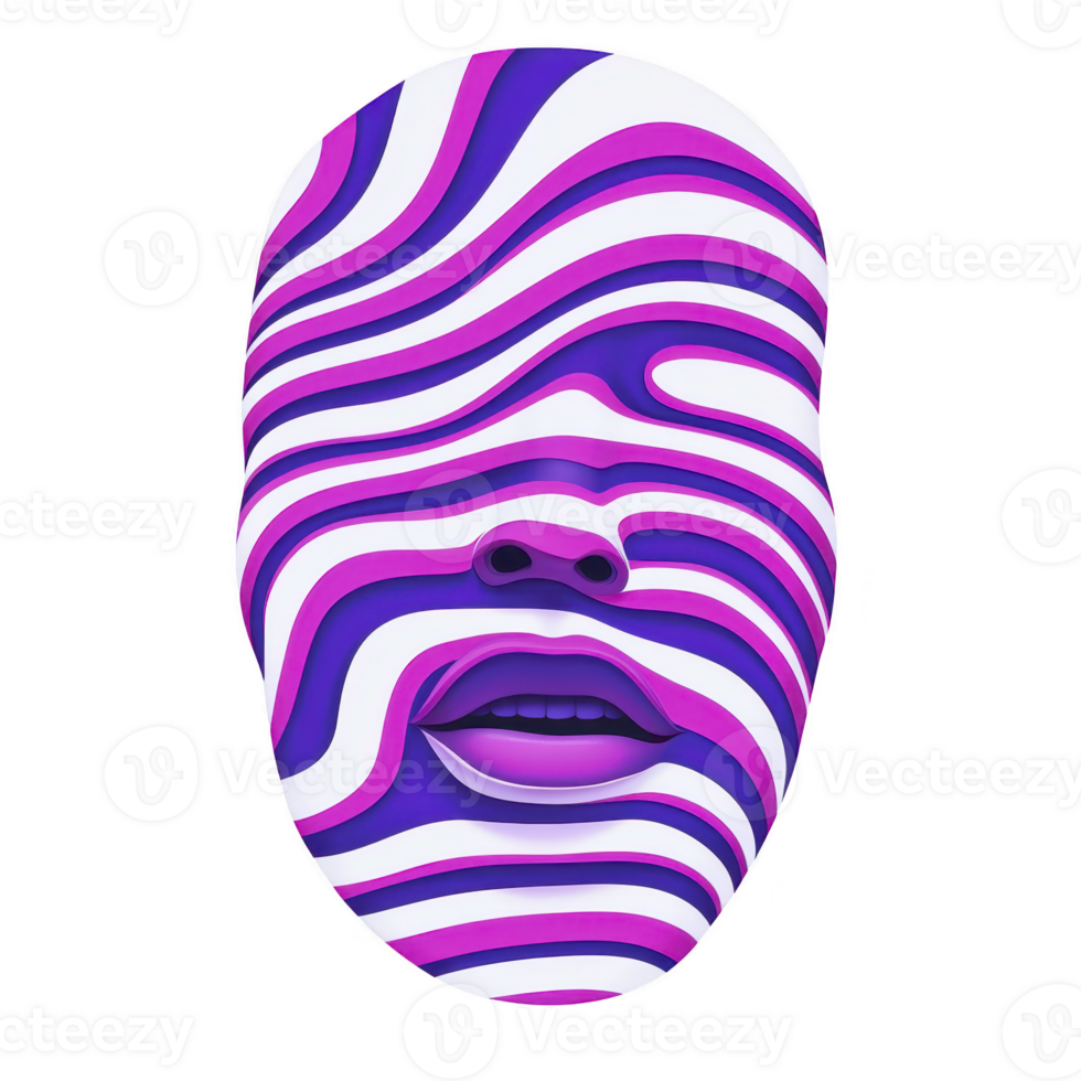 3D abstract face with vibrant purple and white stripes creates mesmerizing optical illusion. design is both futuristic and artistic, capturing attention with its bold colors and unique pattern png