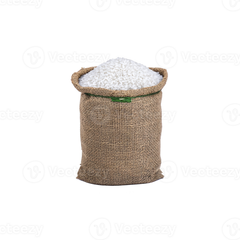 Burlap sack filled with white rice stands against plain background, showcasing its texture and simplicity. sack is open, revealing grains inside png