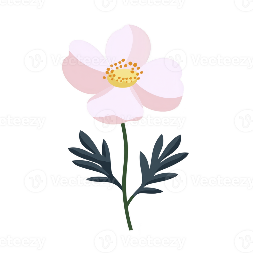 Delicate pink flower with yellow center and green leaves, isolated on transparency background, exudes simplicity and elegance png