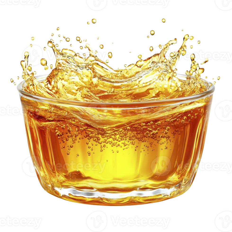 Glass bowl filled with splashing golden liquid, creating dynamic motion and energy. liquid appears vibrant and refreshing, with bubbles adding texture and liveliness png