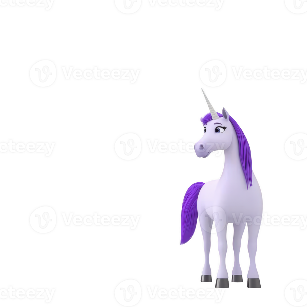 Cute, purple maned unicorn stands gracefully against transparency background, exuding sense of magic and wonder. Its horn glistens, adding to mythical charm png