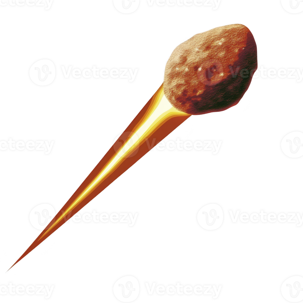 Fiery meteor streaks through dark sky, leaving bright trail of light and heat as it descends rapidly. rocky surface of meteor is illuminated by intense glow png