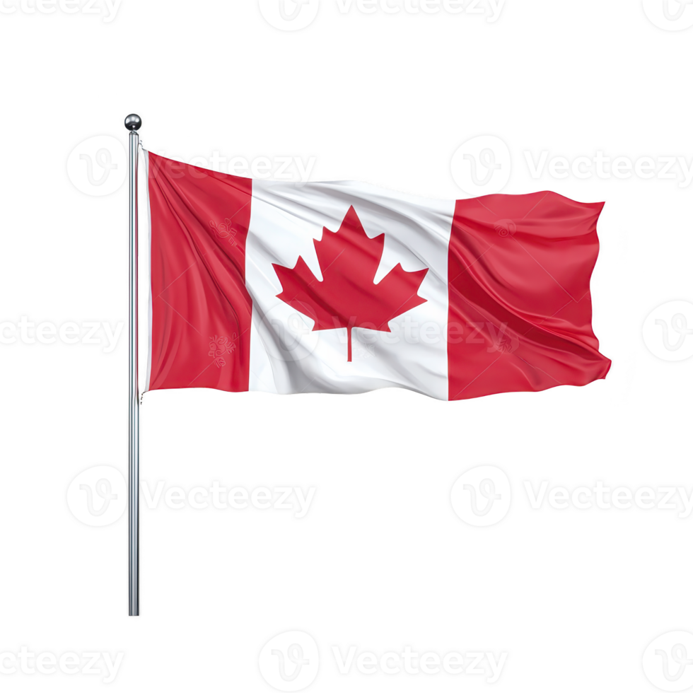 Image shows Canadian flag waving on flagpole, featuring red maple leaf centered on white square with red borders on each side png