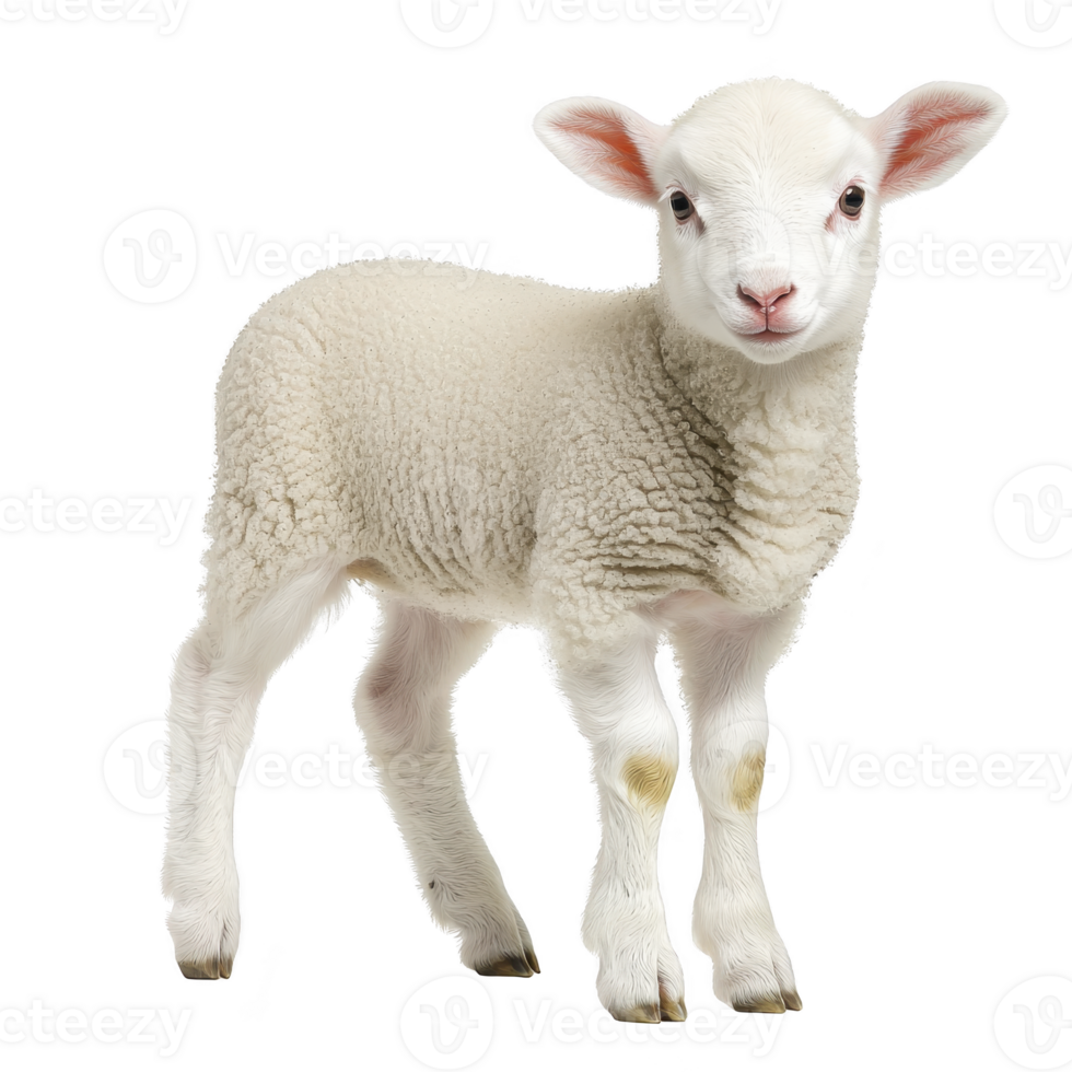 Cute, fluffy lamb stands on transparency background, showcasing its soft wool and innocent expression. young sheep ears are perked up, adding to its adorable appearance png