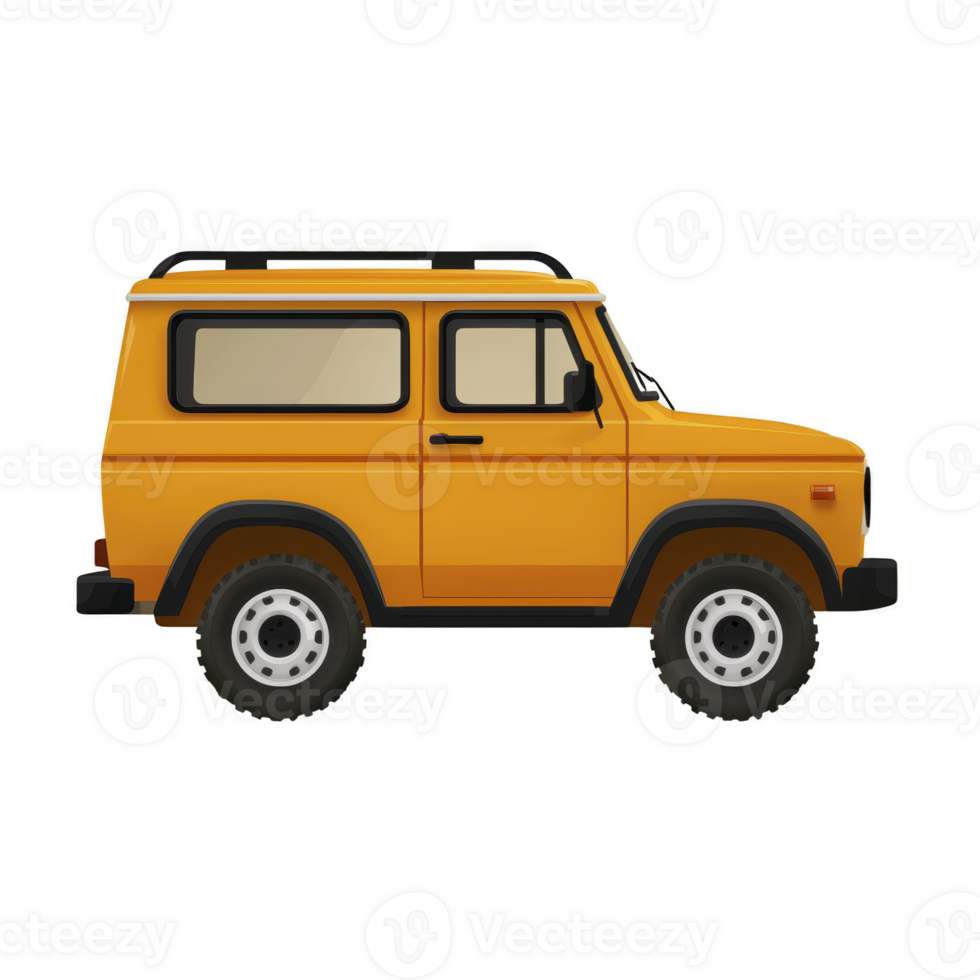 Bright orange vintage off road vehicle with boxy design and roof rack, showcasing classic and rugged style. vehicle is depicted in side view, highlighting its sturdy build and retro appeal png