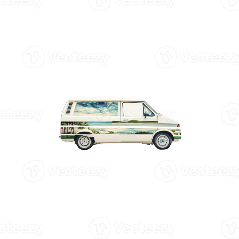 Vintage van with scenic landscape artwork on its side, featuring clear blue sky and rolling hills, evokes sense of adventure and freedom. vehicle is isolated on transparency background png