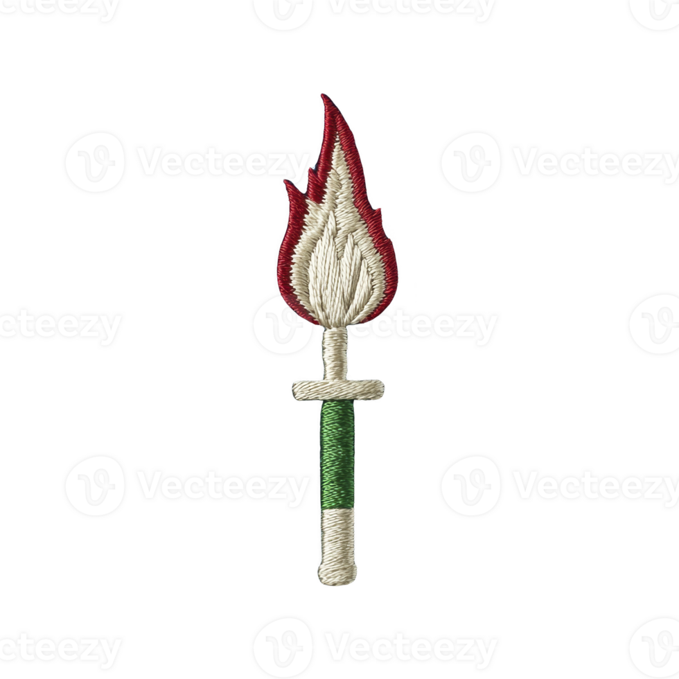 Torch with red and white flame and green handle is depicted in embroidered style, symbolizing illumination and guidance. design is simple yet striking against transparency background png