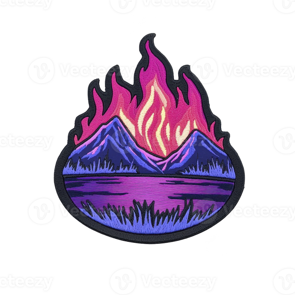 Vibrant embroidered patch features stylized landscape with purple mountains and fiery pink and orange sky, creating striking contrast. design is enclosed flame shape, adding dynamic and artistic png