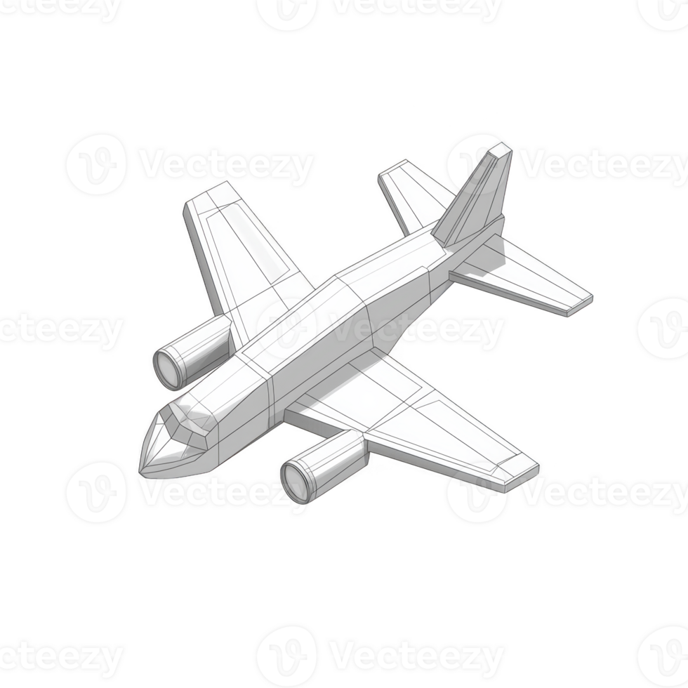 3D wireframe model of commercial airplane is depicted, showcasing its structure and design. model highlights aircraft wings, engines, and tail, emphasizing its aerodynamic form png